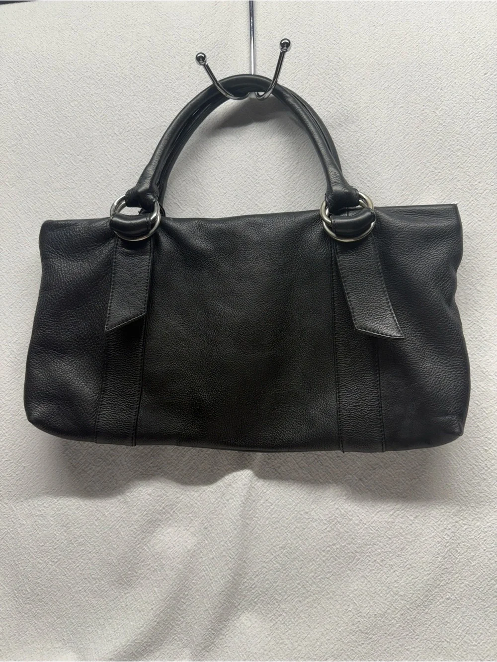 Cool Girl Black Leather Satchel Purse Double Straps Silver Hardware Biker Babe